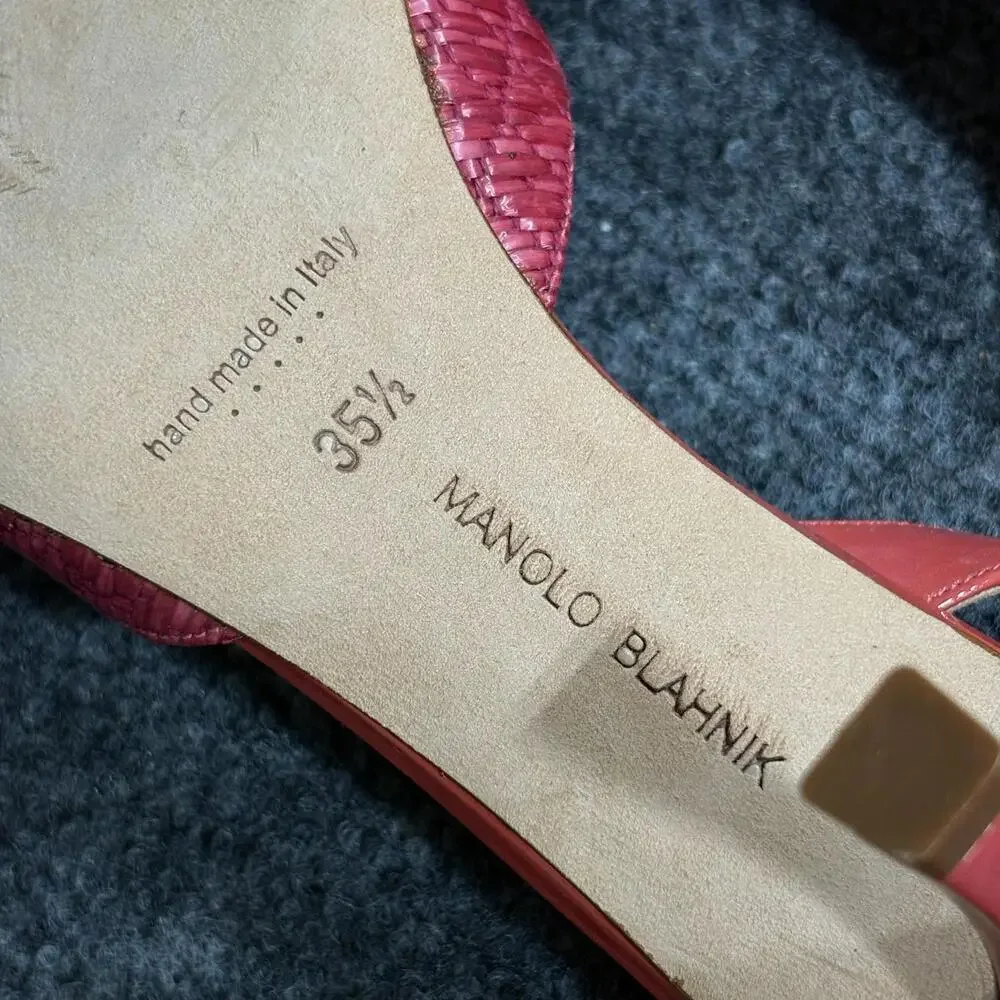 Manolo Blahnik Slingback Heels Womens 5 Pink Capsli Raffia Leather Italy Shoes